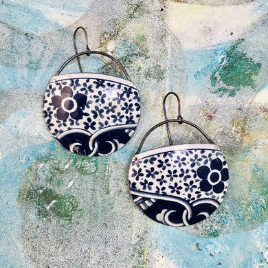 Midnight Blue Tiny Flowers Circles Upcycled Tin Earrings