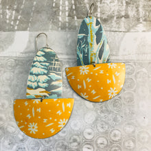 Load image into Gallery viewer, Winter Trees &amp; Sunny Flowers Upcycled Tin Boat Earrings
