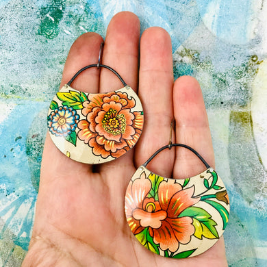 Big Pink Blossoms Circles Upcycled Tin Earrings
