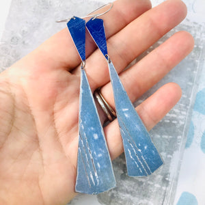 Long Blues Narrow Kites Recycled Tin Earrings
