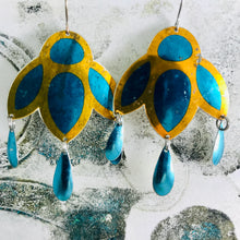 Load image into Gallery viewer, Shimmery Blue &amp; Coppery Zero Waste Tin Chandelier Earrings