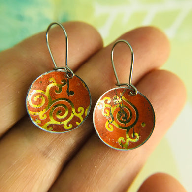 Golden Filigree on Orange Upcycled Tiny Dot Earrings
