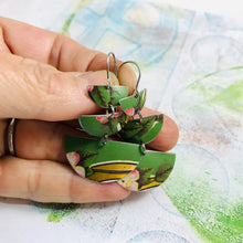 Load image into Gallery viewer, Pink Flowers on Gorgeous Green Stacked Half Moons Earrings