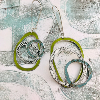 Olive, Bar Code & Slate Blue Scribbles Upcycled Tin Earrings