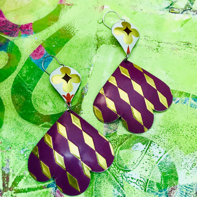 Golden Harlequins on Plum Trefoil Upcyled Tin Earrings