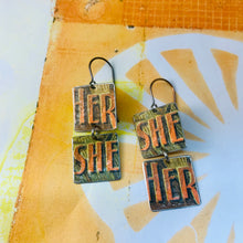 Load image into Gallery viewer, Vintage Orange Her She Recycled Tin Earrings