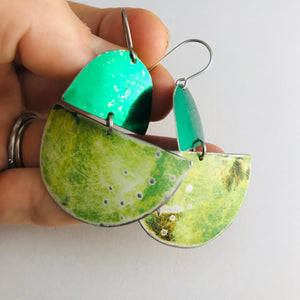 Antiqued & Shimmery Greens Upcycled Tin Boat Earrings