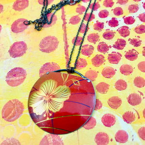 Golden Hibiscus on Red Zero Waste Tin Necklace