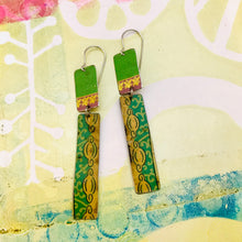Load image into Gallery viewer, Vintage Greens &amp; Gold Recycled Tin Earrings