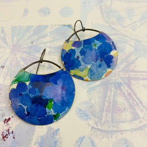 Bright Blue Watercolor Flowers Circles Upcycled Tin Earrings