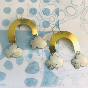 RESERVED Etched Rainbows with Puffy Clouds Upcycled Tin Earrings