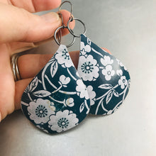 Load image into Gallery viewer, Big Cherry Blossoms on Denim Teardrop Upcycled Tin Earrings