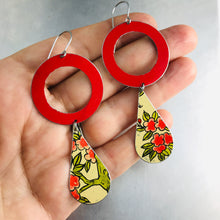 Load image into Gallery viewer, Bright Red Ring &amp; Vintage Flowery Tin Long Teardrops Earrings