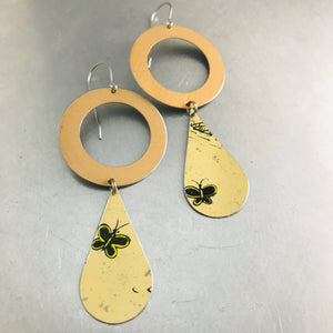 Golden Ring & Black Butterfly Tin Long Teardrops Earrings