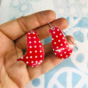 White PolkaDots on Red Birds on a Wire Upcycled Tin Earrings