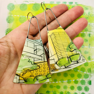 Modernist Architectural Renderings Upcycled Tin Long Fans Earrings