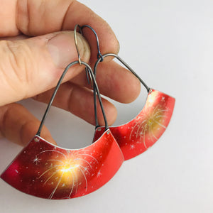 Fireworks on Shimmery Red Recycled Tin Wide Arc Earrings
