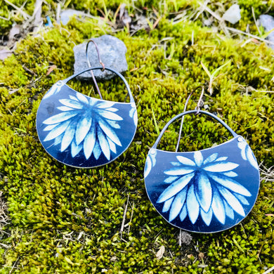 Flower Burst on Deep Blueberry Circles Upcycled Tin Earrings