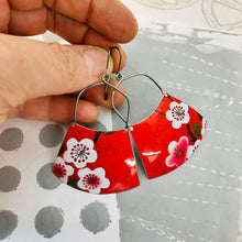 Load image into Gallery viewer, Cherry Blossoms on Red Zero Waste Tin Earrings