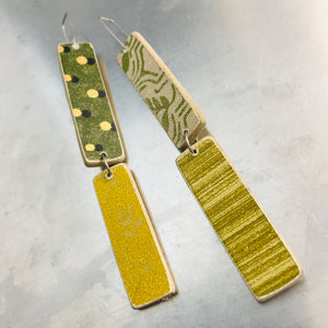 Mixed Greens & Goldenrods Pattern Rectangles Recycled Book Cover Earrings