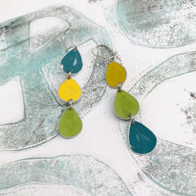 Teal, Goldenrod & Olive Tri-Teardrop Upcycled Tin Earrings