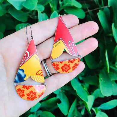 Bright Orange Flowers Vintage Tin Arrows Earrings