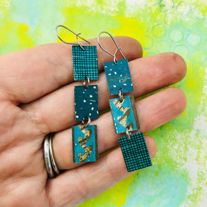 Mixed Teals Upcycled Rectangles Tin Earrings