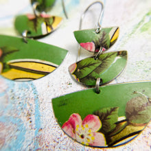 Load image into Gallery viewer, Pink Flowers on Gorgeous Green Stacked Half Moons Earrings