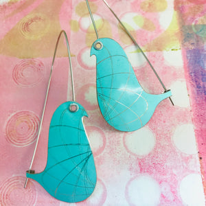 Aqua Spirograph Birds on a Wire Upcycled Tin Earrings