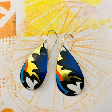 Blue Wave on Gold Upcycled Teardrop Tin Earrings