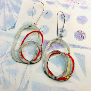 Whites & Pop of Red Smaller Scribbles Upcycled Tin Earrings