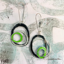 Load image into Gallery viewer, Black, White &amp; Bright Green Smaller Scribbles Upcycled Tin Earrings