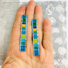 Load image into Gallery viewer, Fenced &amp; Folded Blues &amp; Pop of Sunshine Rectangle Tin Earrings