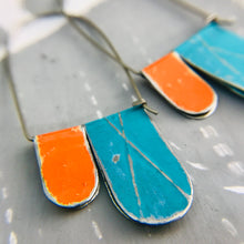 Load image into Gallery viewer, Antiqued Aqua &amp; Persimmon Arch Dangle Tin Earrings
