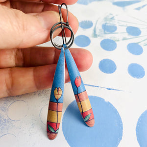 Red & Yellow Tulips Long Teardrops Upcycled Tin Earrings