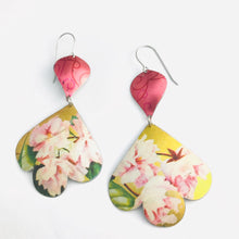 Load image into Gallery viewer, Pink Peonies on Gold Trefoil Upcyled Tin Earrings