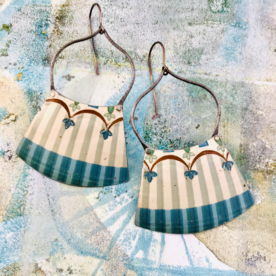 Gray Blue Stripes on Cream Recycled Tin Fan Earrings