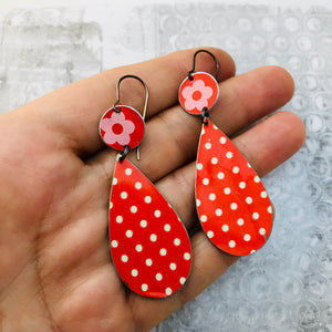 Orange Polka Dots Upcycled Teardrop Tin Earrings