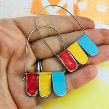 Load image into Gallery viewer, Scarlet, Butter &amp; Aqua Arched Upcycled Tin Dangle Earrings