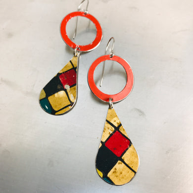 Bright Red Ring & Vintage Tiles Tin Long Teardrops Earrings