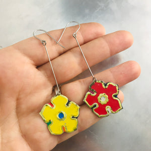 Red & Yellow Vintage Stylized Flowers Recycled Tin Earrings