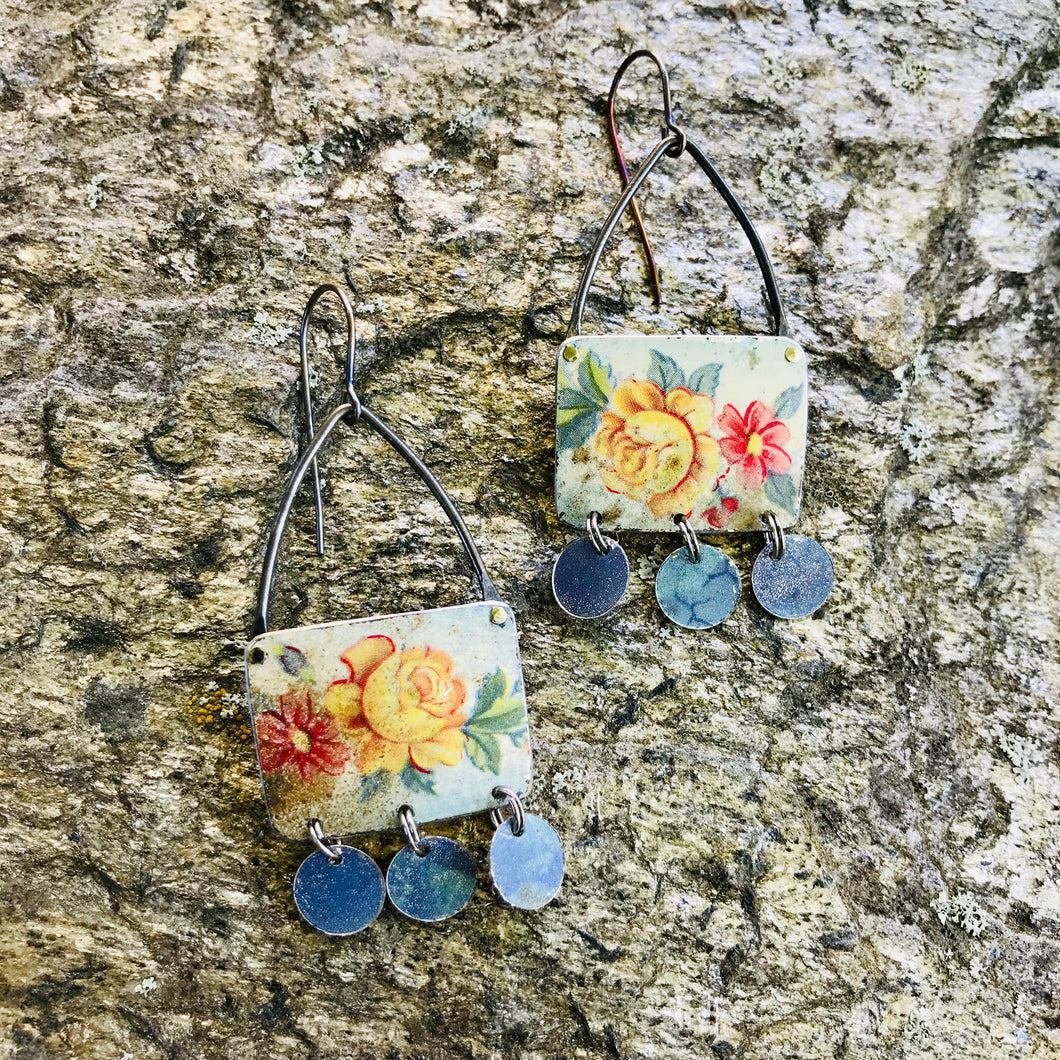 Yellow Roses Rectdangles Upcycled Tin Earrings