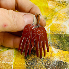 Load image into Gallery viewer, Rust Sunburst Hands Talisman Tin Earrings
