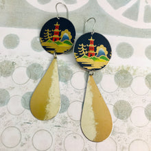 Load image into Gallery viewer, Japanese Pagoda on Midnight Blue Long Teardrops Tin Earrings
