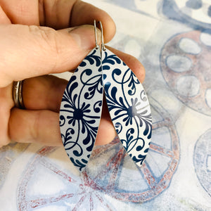 Blue Floral Pattern Upcycled Tin Leaf Earrings