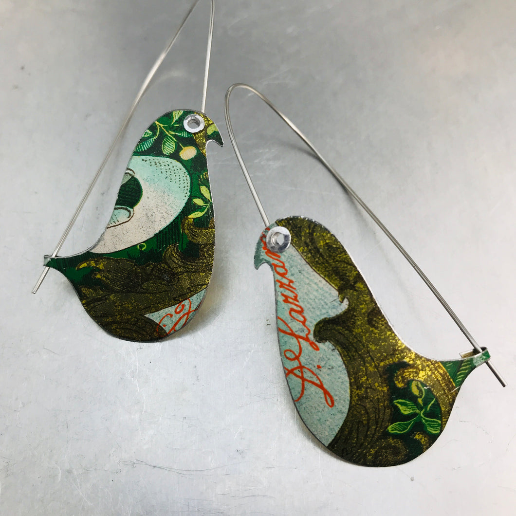 Antiqued Gold & Green Birds on a Wire Upcycled Tin Earrings