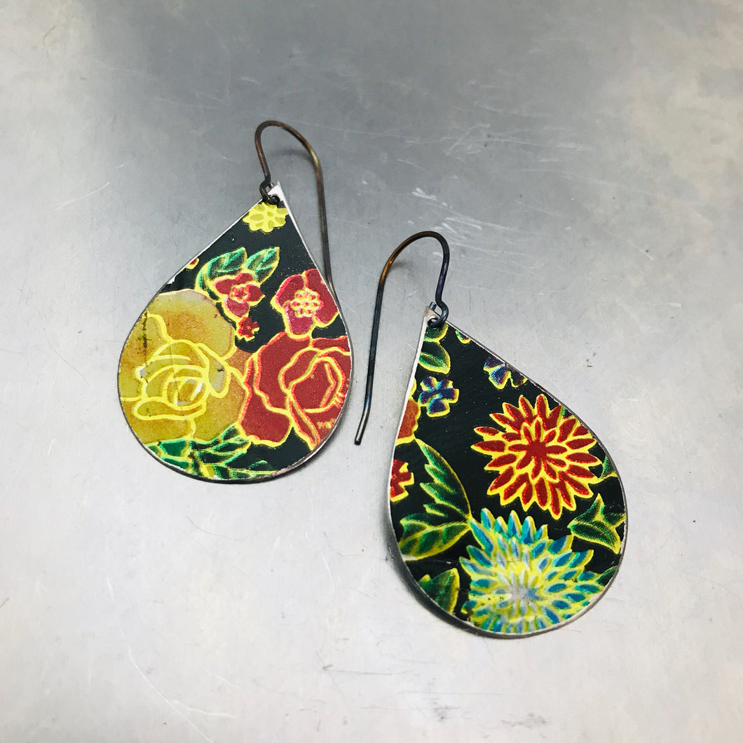 Bright Flowers on Midnight Upcycled Teardrop Tin Earrings
