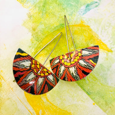 Crewelwork Semi-circle Upcycled Tin Earrings