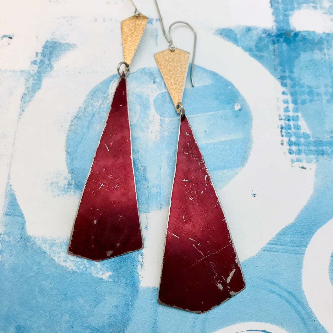 Gold & Long Raspberry Kites Recycled Tin Earrings