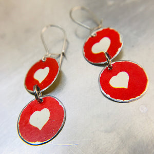 White Hearts on Red Tiny Tin Earrings